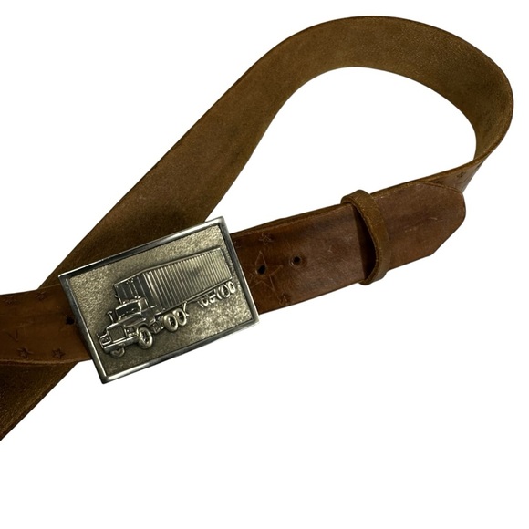 Vintage Brown Star Embossed Leather Belt with Semi Truck Metal Buckle - Picture 4 of 7